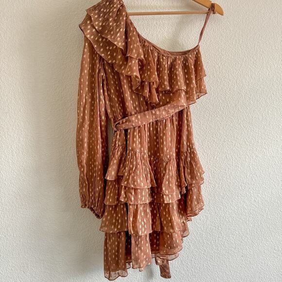 Rococo Sand Aine One Shoulder Mini Chiffon Ruffle Dress Tan Gold Small - Picture 8 of 14